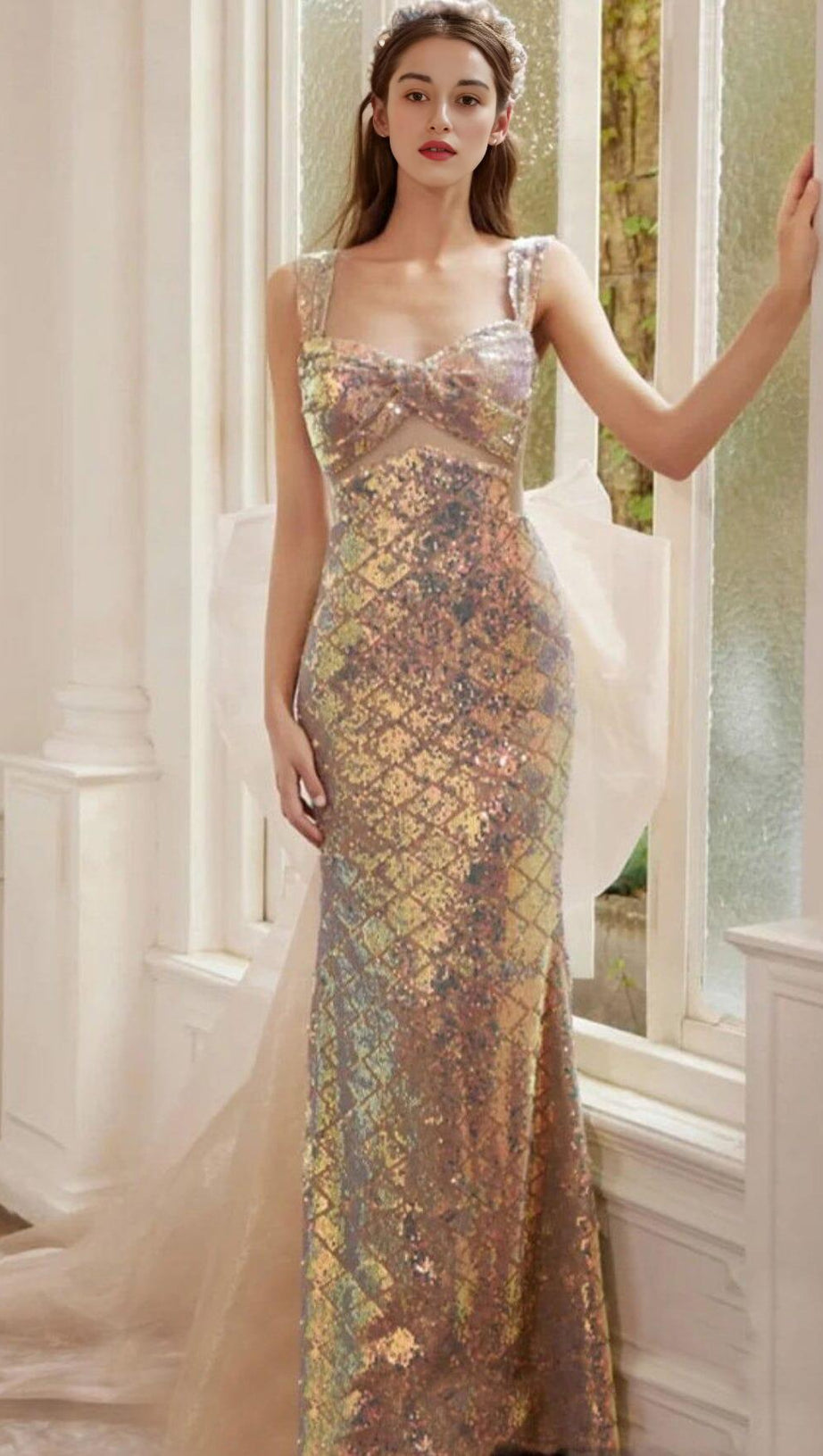 SEQUIN GAUZE BOW MAXI DRESS