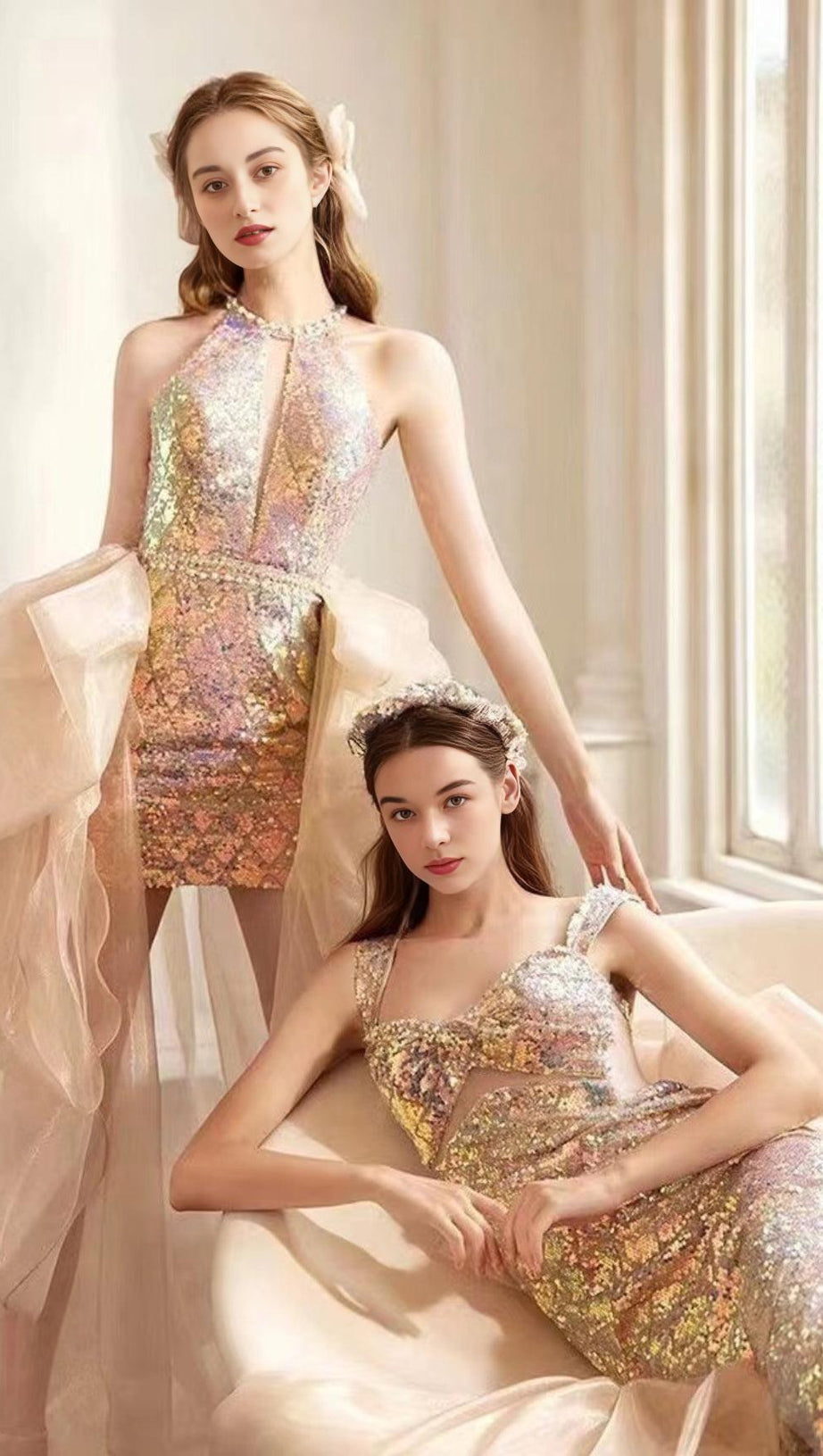 SEQUIN GAUZE BOW MAXI DRESS