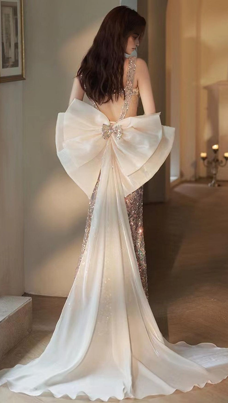 SEQUIN GAUZE BOW MAXI DRESS