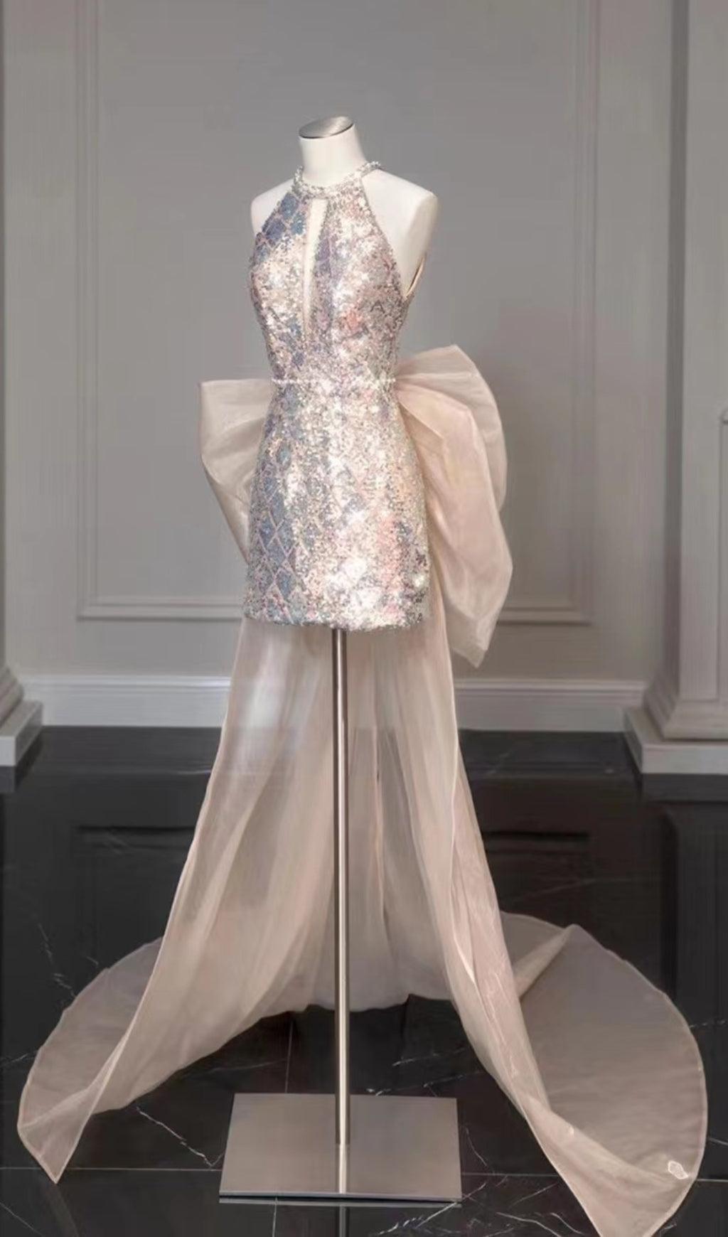 MINI ABITO CON FIOCCO IN GARZA E PAILLETTES