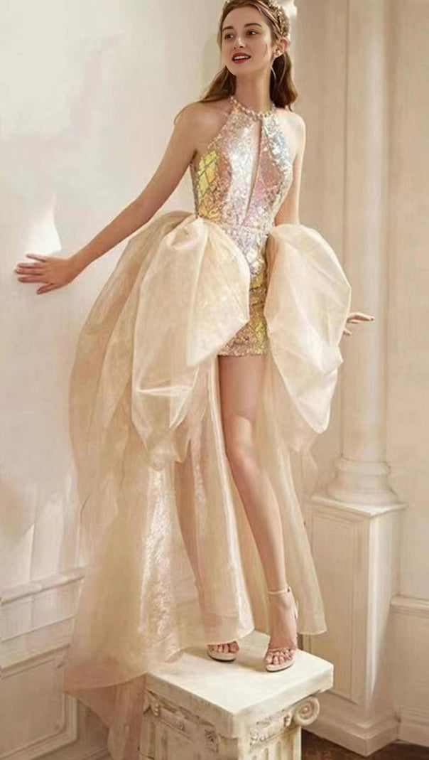 AIIZIE SEQUIN HALTER GAUZE BOW MINI DRESS - product image