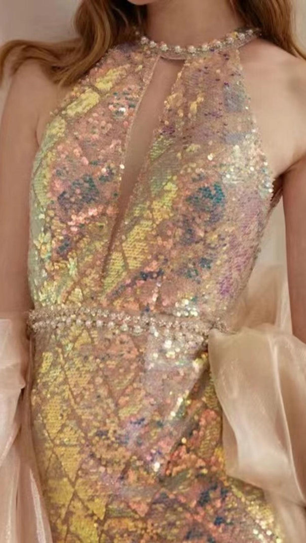 AIIZIE SEQUIN HALTER GAUZE BOW MINI DRESS - product image