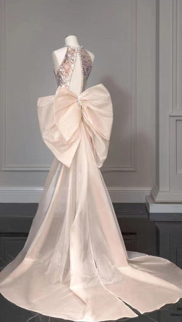AIIZIE SEQUIN HALTER GAUZE BOW MINI DRESS - product image