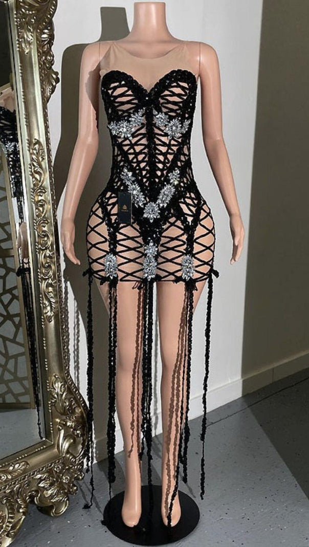 AIIZIE SEQUIN NET FRINGE MESH DRESS - product image