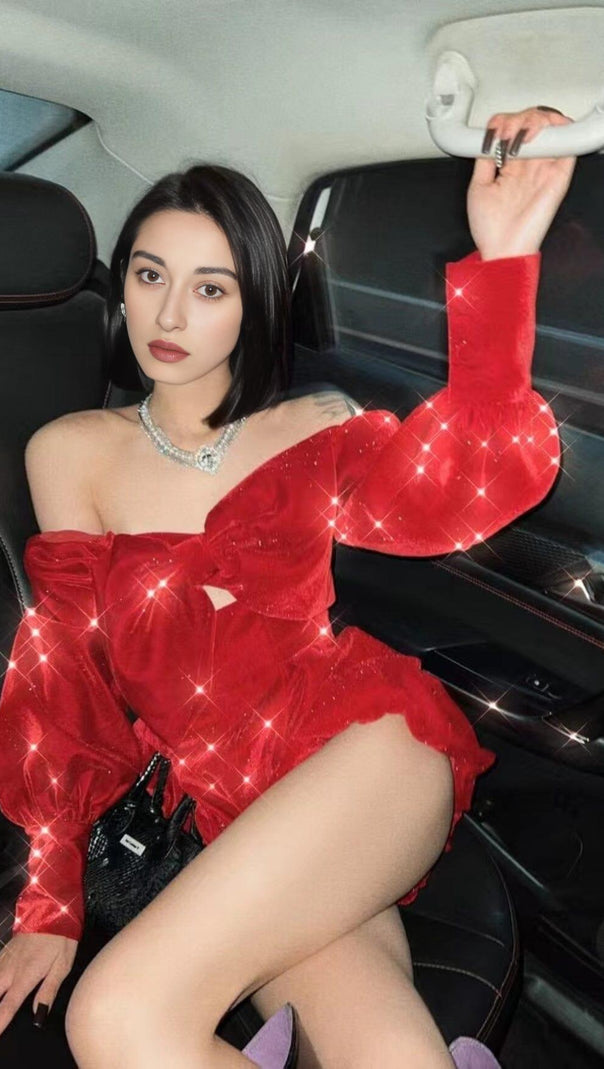 AIIZIE VELVET STRAPLESS JUMPSUIT IN RED - product image