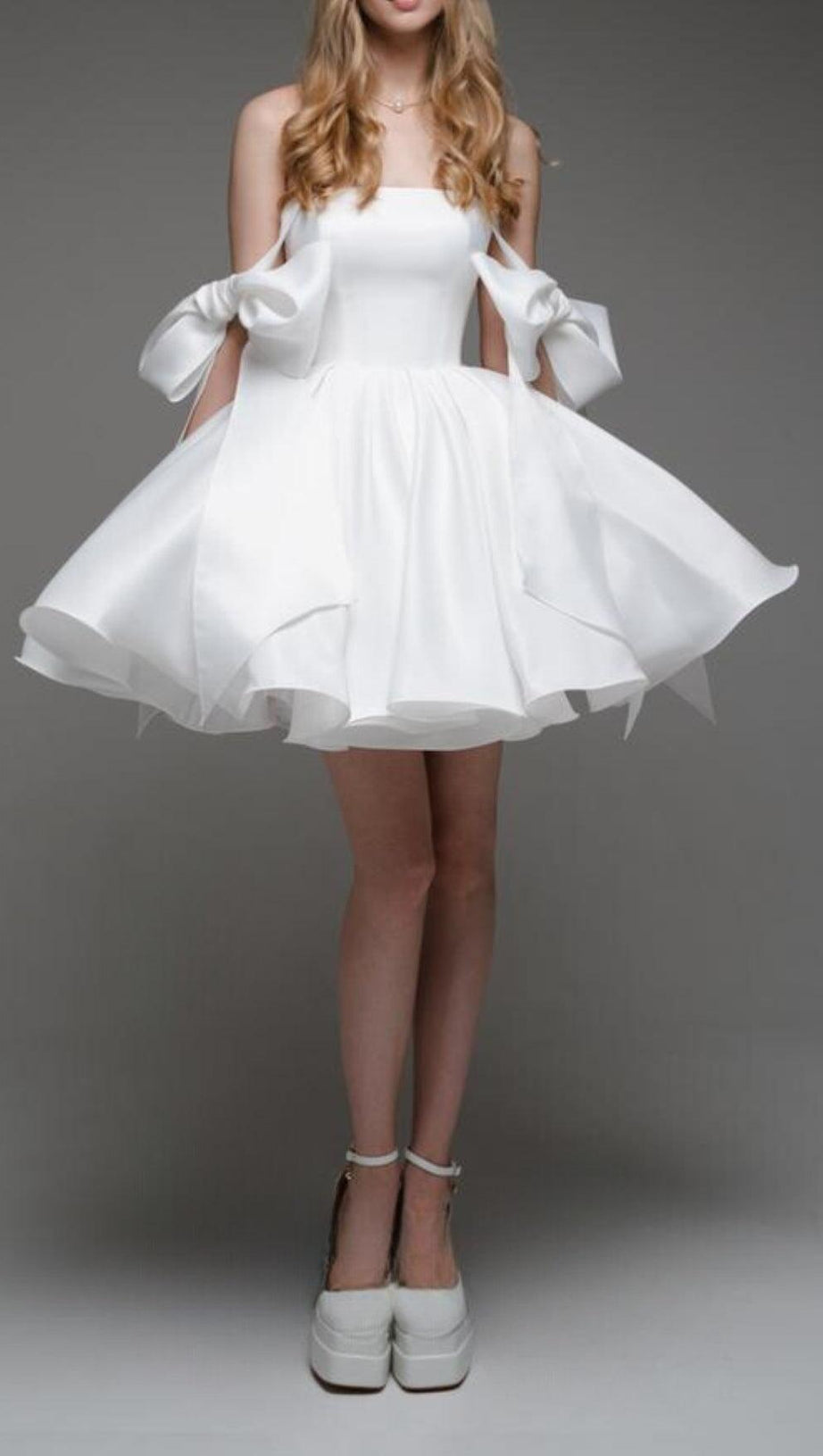 WHITE BOW PUFFY MINI DRESS