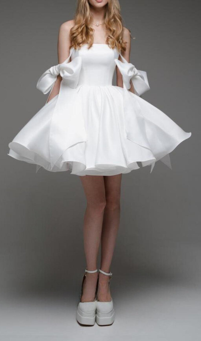 WHITE BOW PUFFY MINI DRESS