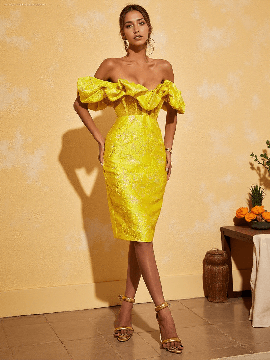 GISELLE JACQUARD OFF SHOULDER MIDI DRESS IN YELLOW