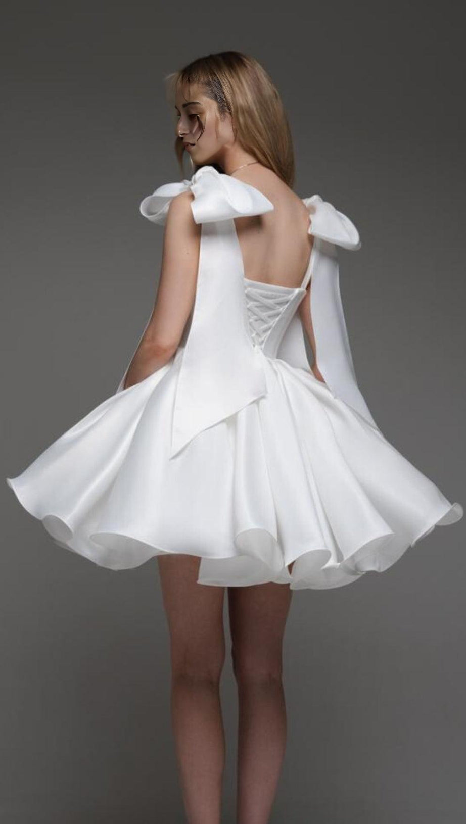 WHITE BOW PUFFY MINI DRESS