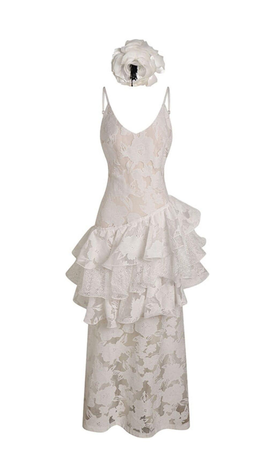 Weißes Maxikleid aus Spitze mit Blumenmuster