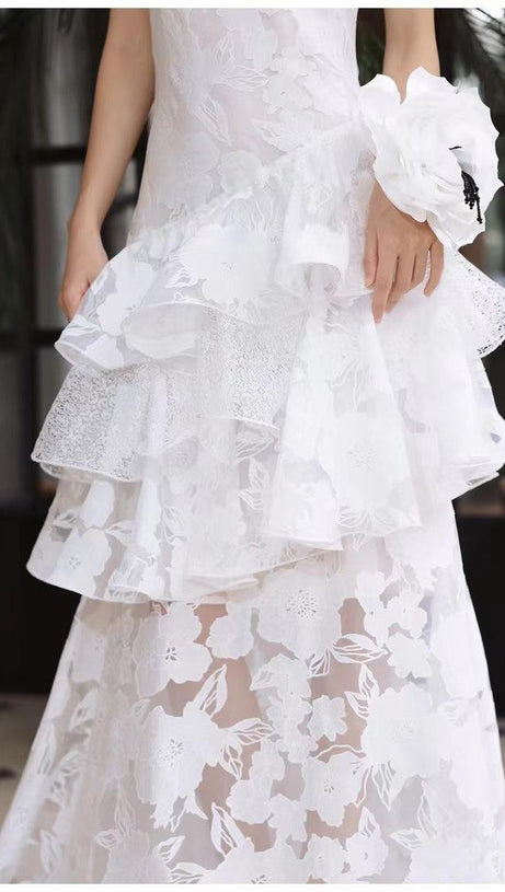 WHITE FLORAL TIERED LACE MAXI DRESS