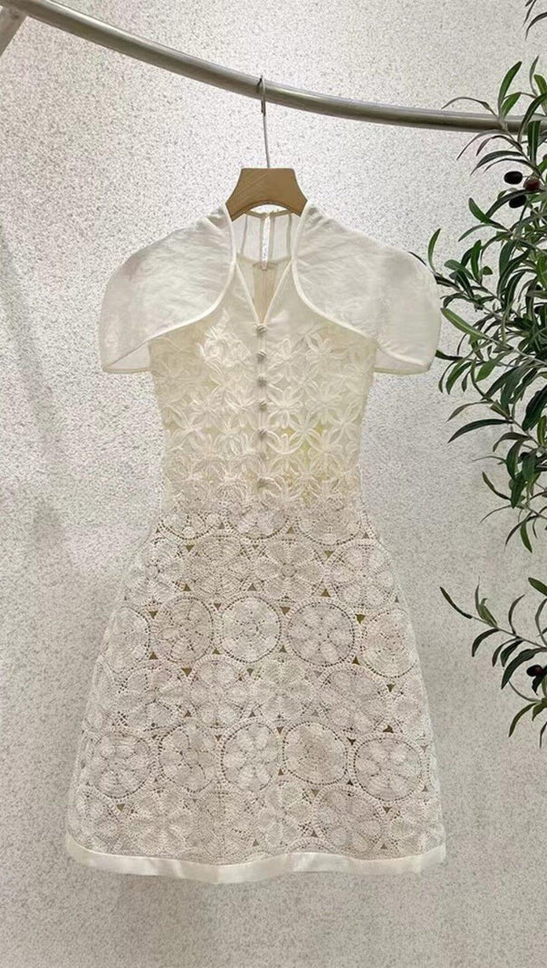 AIIZIE WHITE SHAWL-DESIGN LACE MINI DRESS - product image