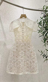 WHITE SHAWL-DESIGN LACE MINI DRESS