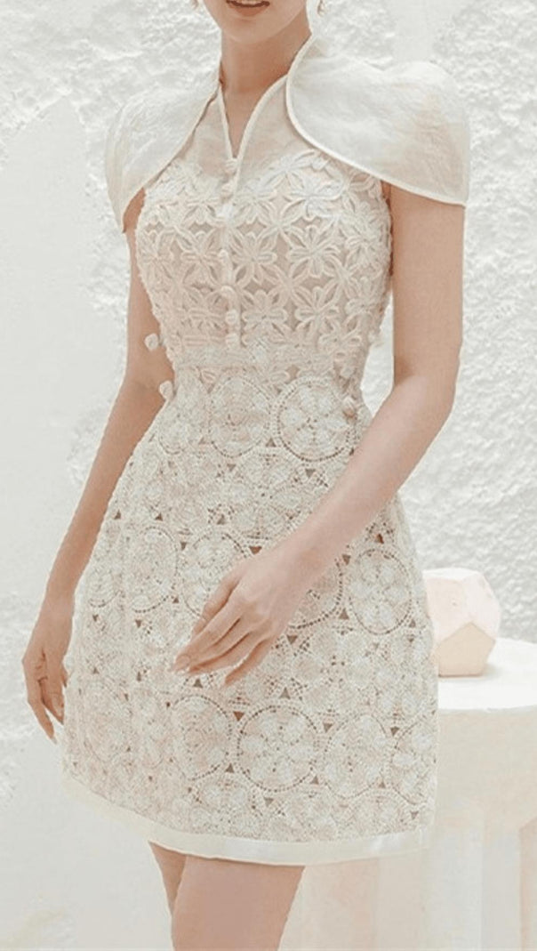 AIIZIE WHITE SHAWL-DESIGN LACE MINI DRESS - product image