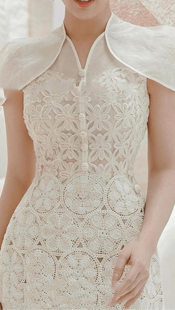 AIIZIE WHITE SHAWL-DESIGN LACE MINI DRESS - product image
