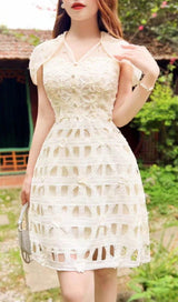 WHITE SHAWL-DESIGN LACE MINI DRESS