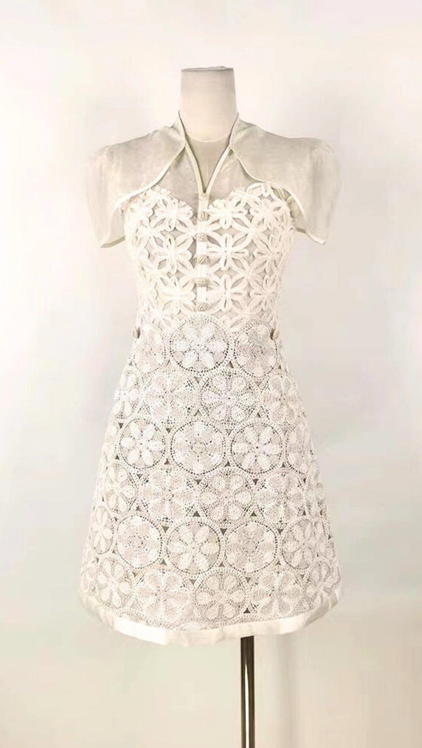 AIIZIE WHITE SHAWL-DESIGN LACE MINI DRESS - product image