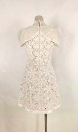 WHITE SHAWL-DESIGN LACE MINI DRESS