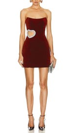 WINE RED STRAPLESS CUTOUT MINI DRESS