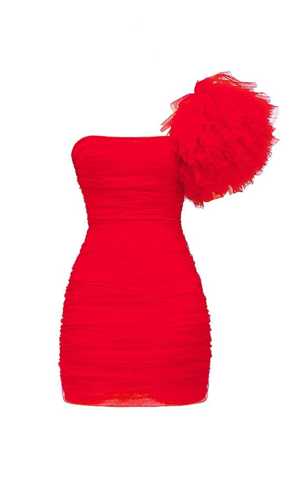 SCHARLACHROTES KLEID MIT RÜSCHENÄRMELN