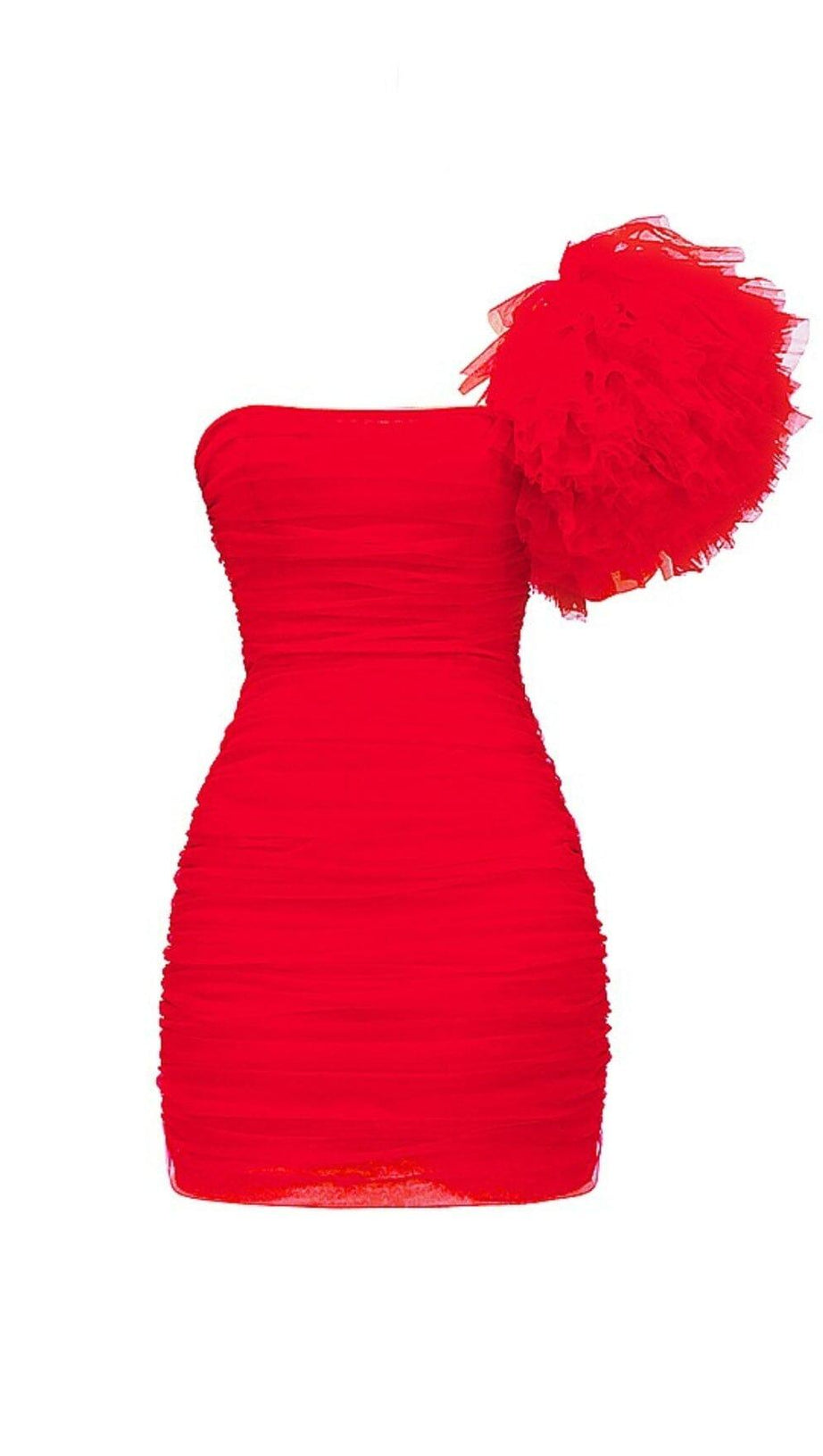 SCHARLACHROTES KLEID MIT RÜSCHENÄRMELN