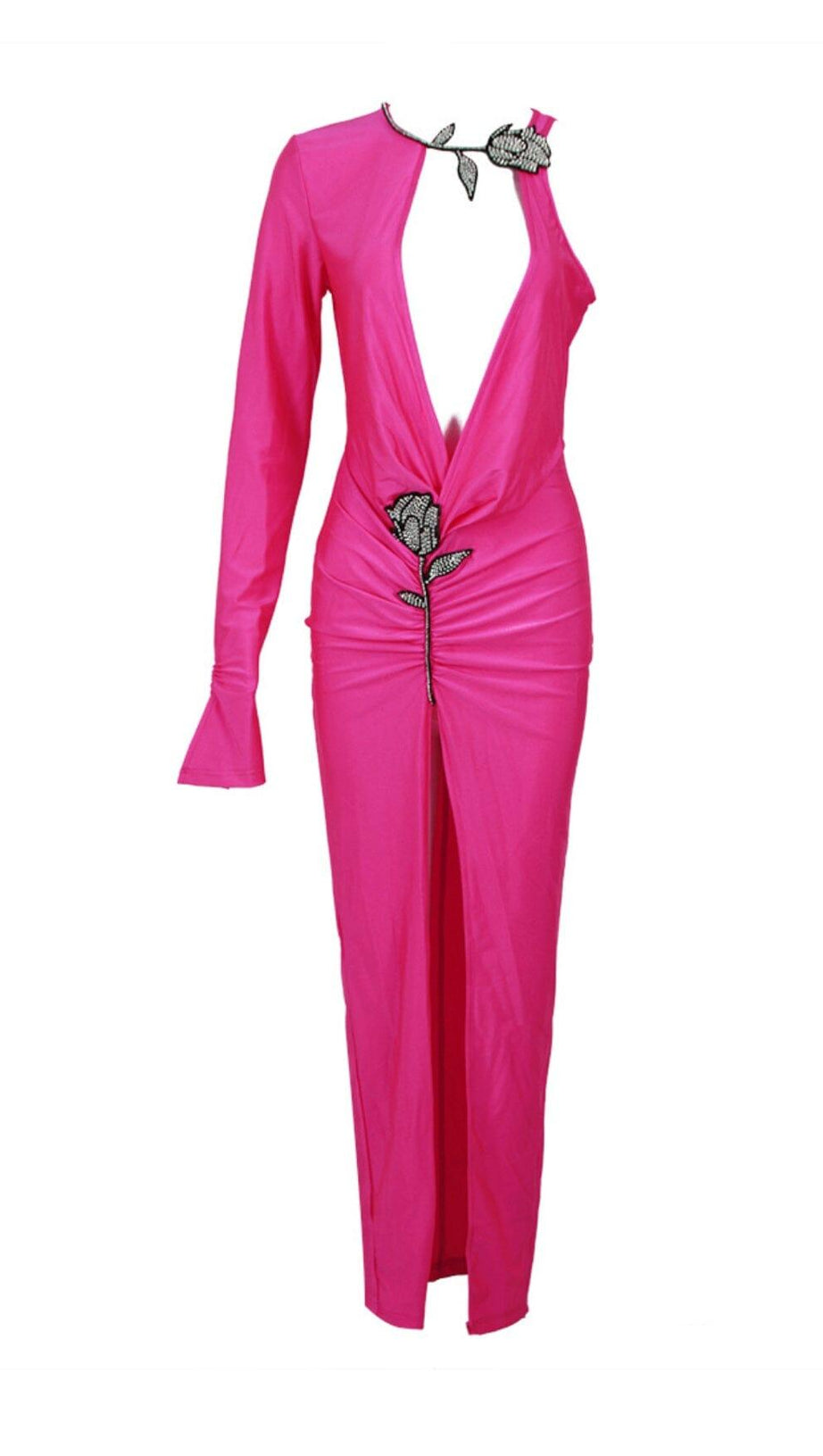 CRYSTAL FLOWER CUTOUT RUCHED DRESS