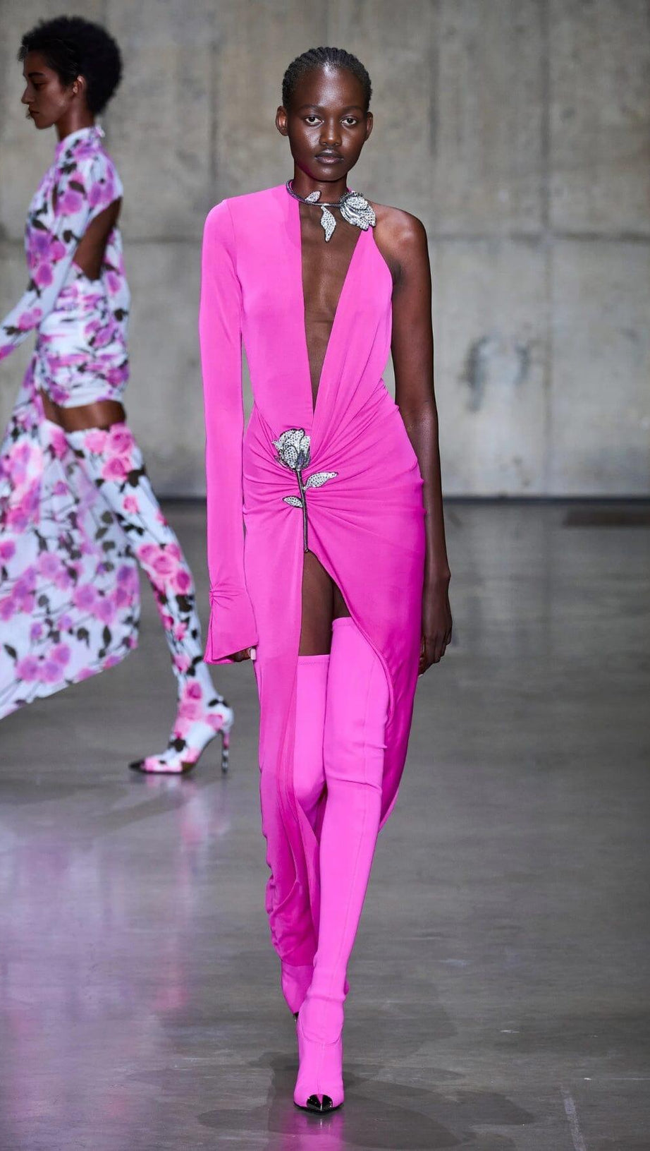 CRYSTAL FLOWER CUTOUT RUCHED DRESS