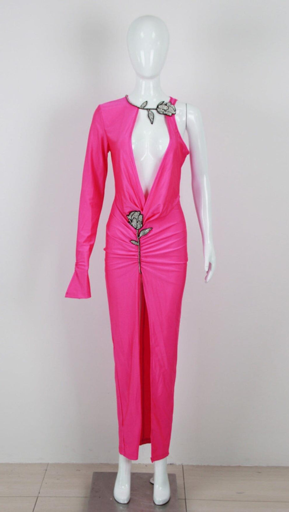 CRYSTAL FLOWER CUTOUT RUCHED DRESS