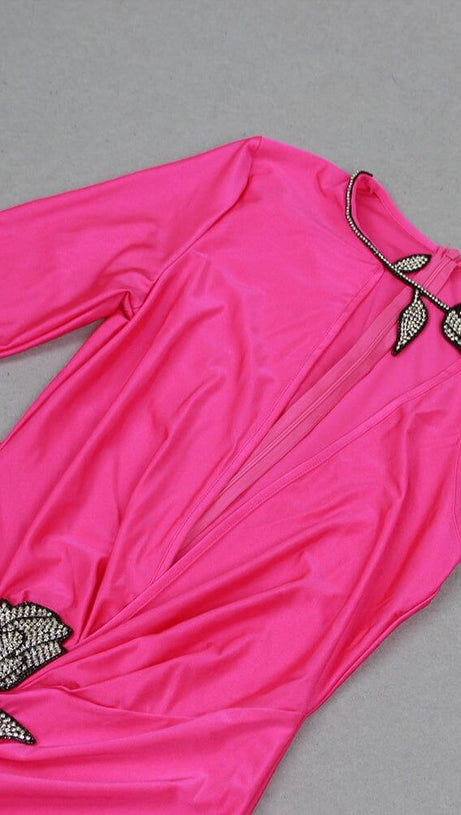 CRYSTAL FLOWER CUTOUT RUCHED DRESS