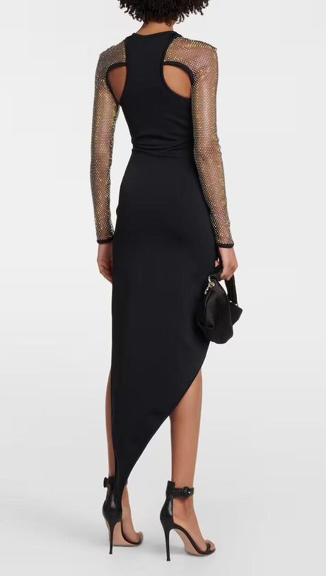 CRYSTAL MESH SLEEVE MAXI DRESS