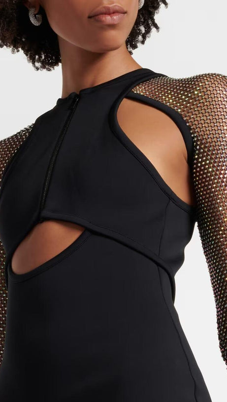 CRYSTAL MESH SLEEVE MAXI DRESS