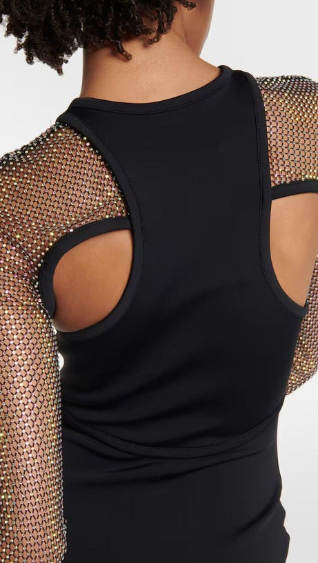 CRYSTAL MESH SLEEVE MAXI DRESS