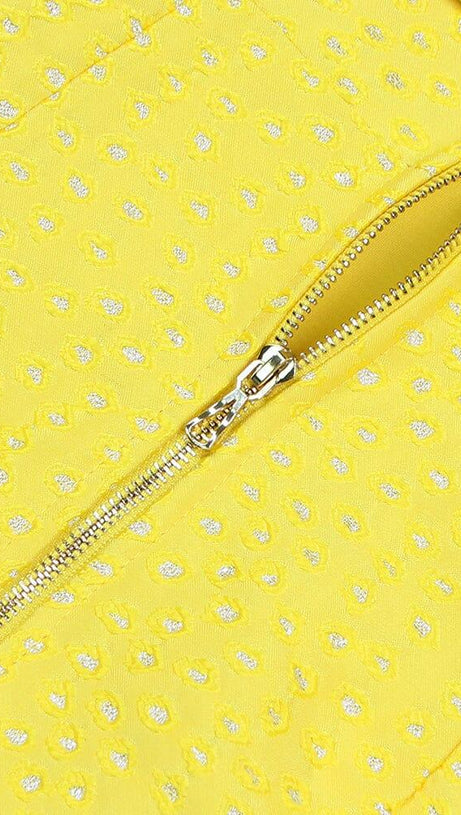 MINI ABITO GIALLO IN RETE CON SPALLE SCOPERTE E RUCHES