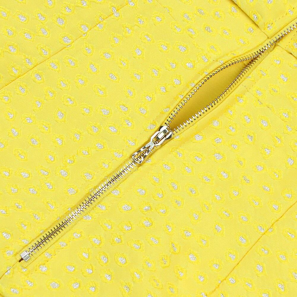 MINI ABITO GIALLO IN RETE CON SPALLE SCOPERTE E RUCHES