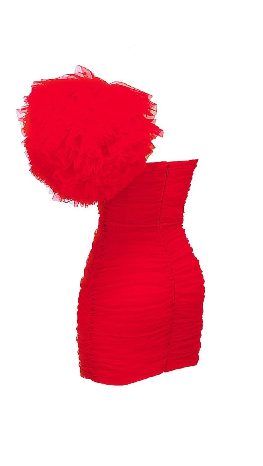 SCHARLACHROTES KLEID MIT RÜSCHENÄRMELN