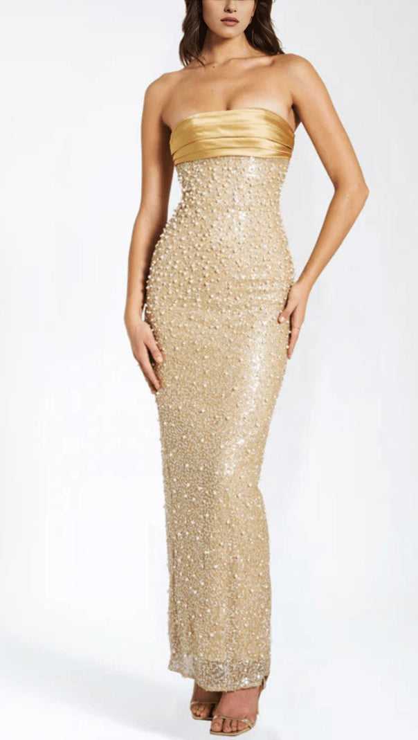 AIIZIE GOLD SATIN SEQUIN PEARLS BEADED MAXI DRESS - product image