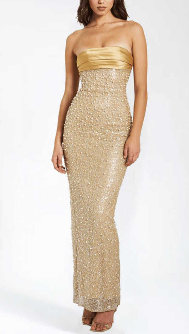 AIIZIE GOLD SATIN SEQUIN PEARLS BEADED MAXI DRESS - product image