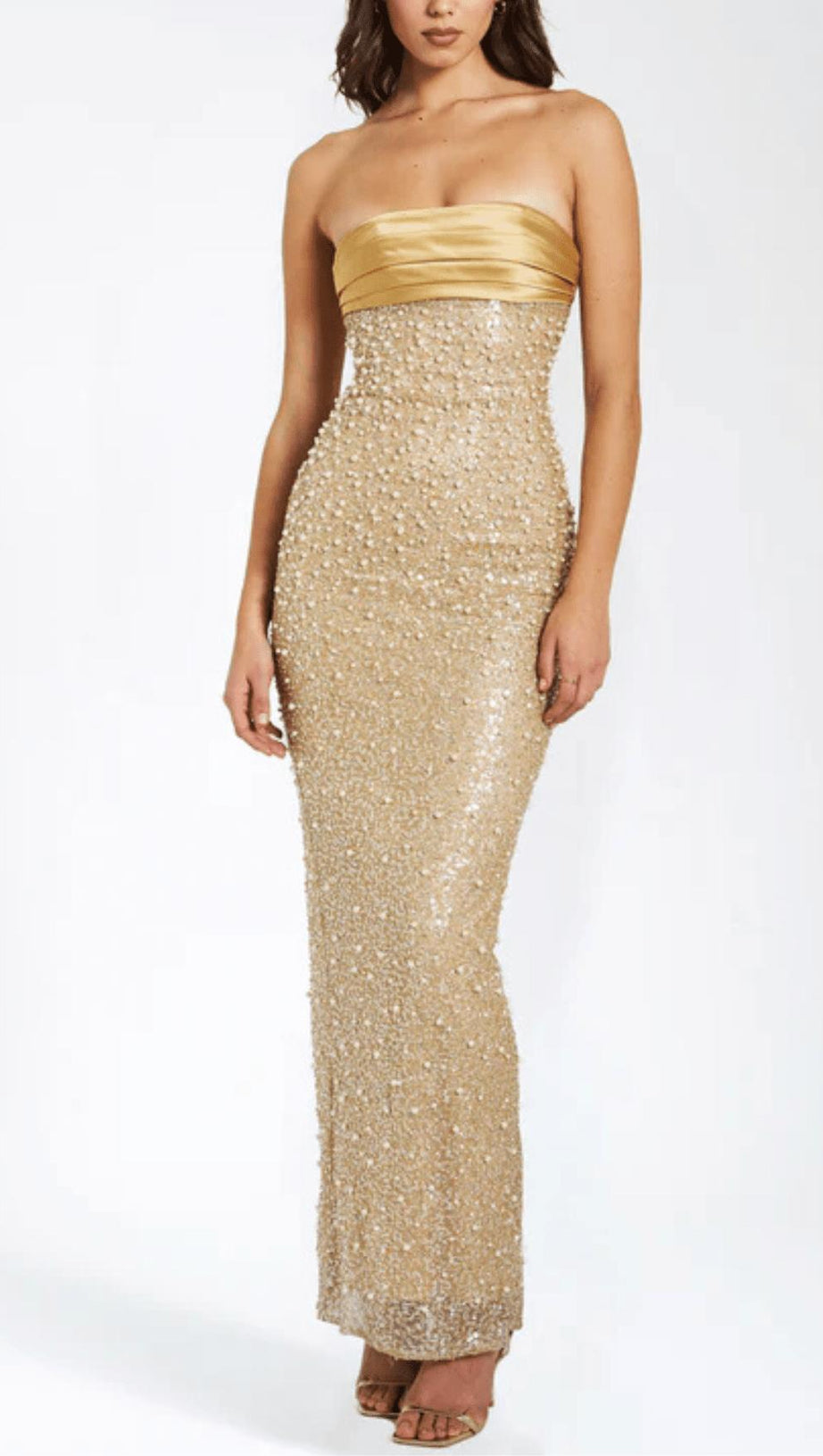 GOLD SATIN SEQUIN PEARLS BEADED MAXI DRESS