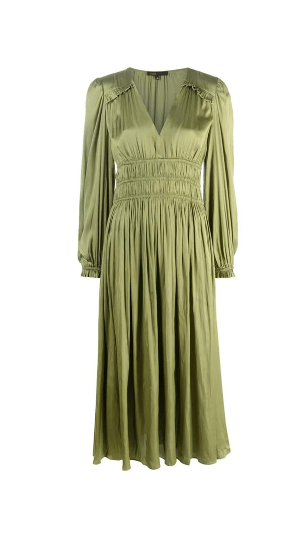 AIIZIE GREEN PUFF SLEEVE SATIN MIDI DRESS - product image