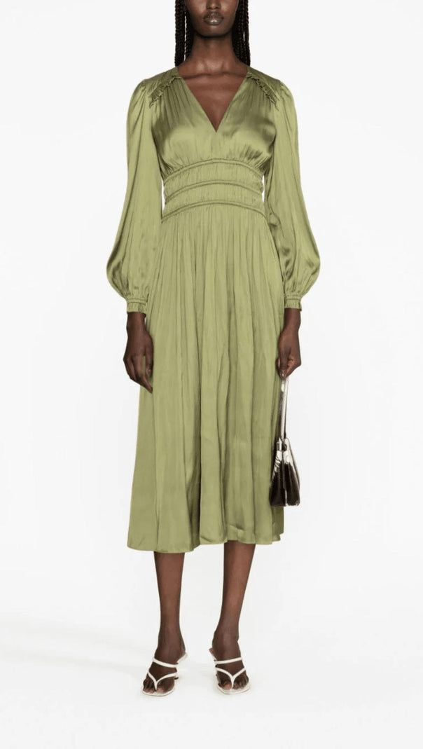AIIZIE GREEN PUFF SLEEVE SATIN MIDI DRESS - product image