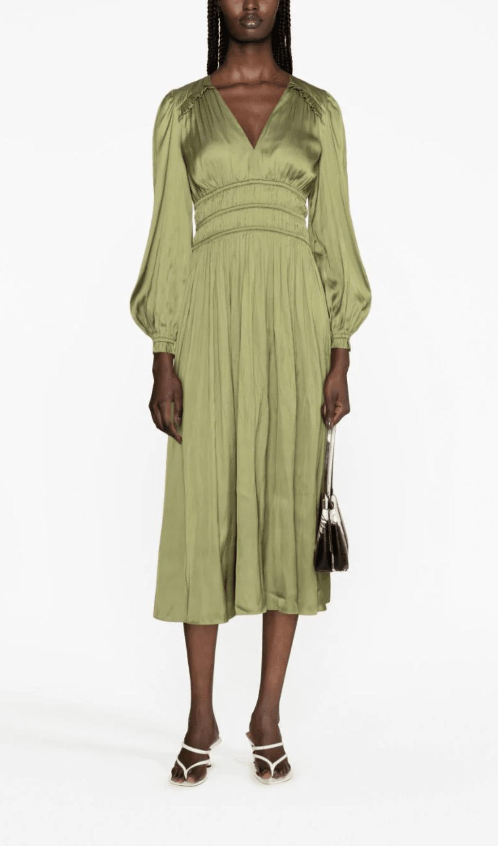 GRÜNES MIDIKLEID AUS SATIN MIT PUFFÄRMELN 