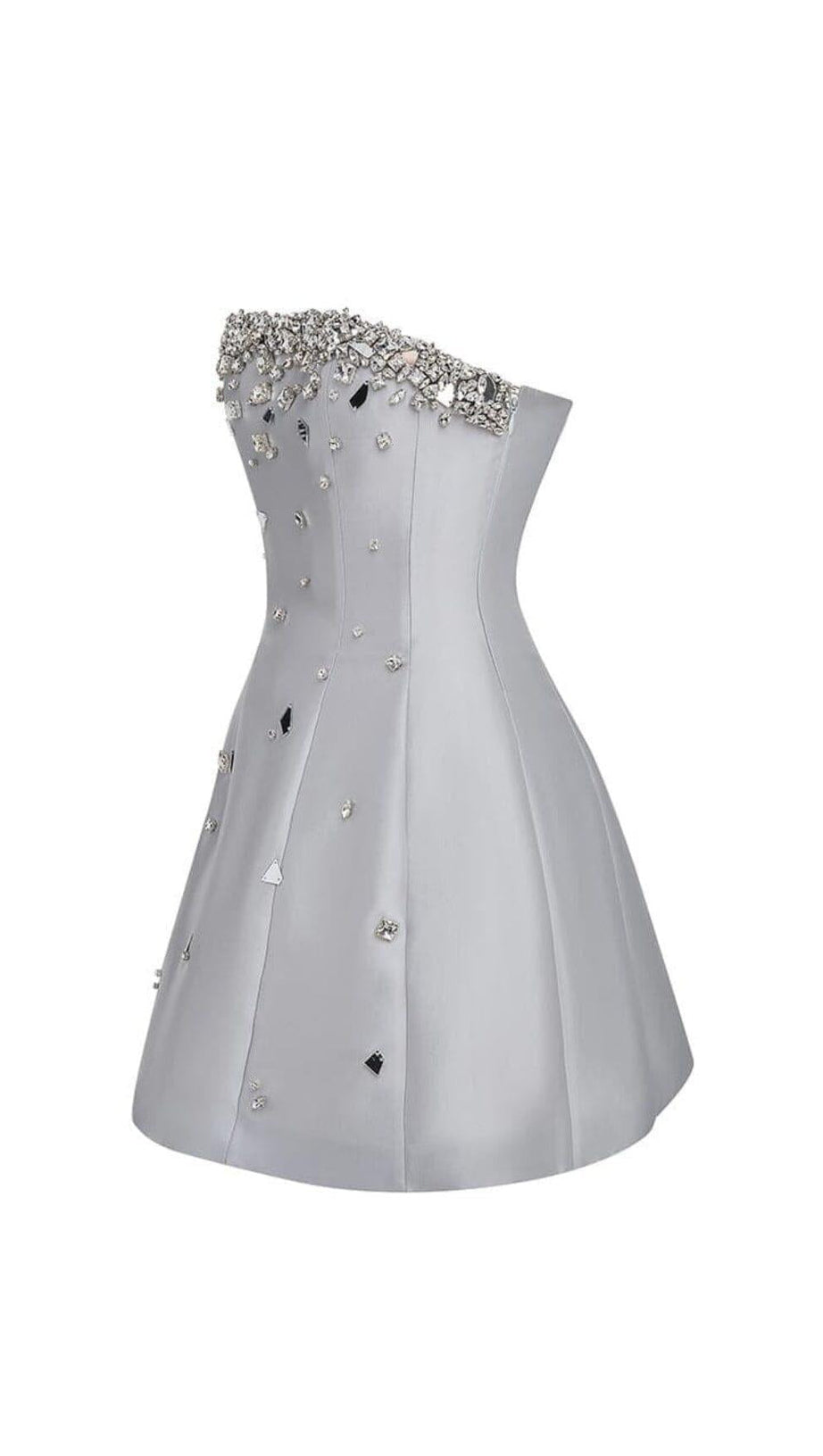 GRAUES TRÄGERLOSES MINIKLEID MIT KRISTALLVERZIERUNG