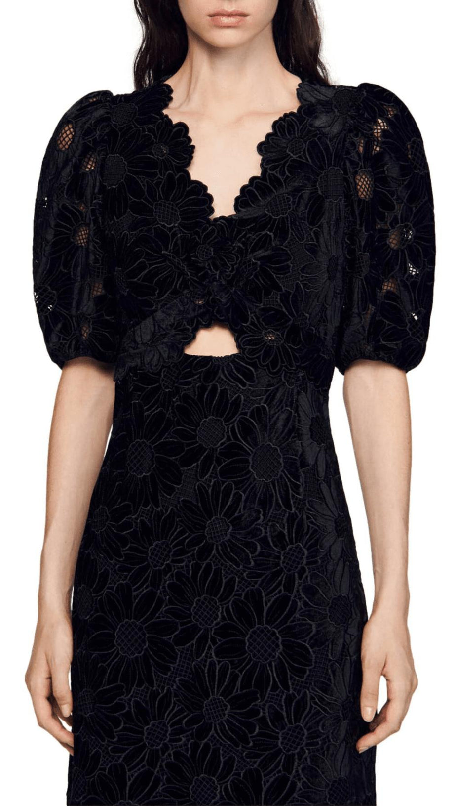 MAXIKLEID AUS GUIPURE-SAMT MIT GÄNSEBLÜMCHENPRINT 