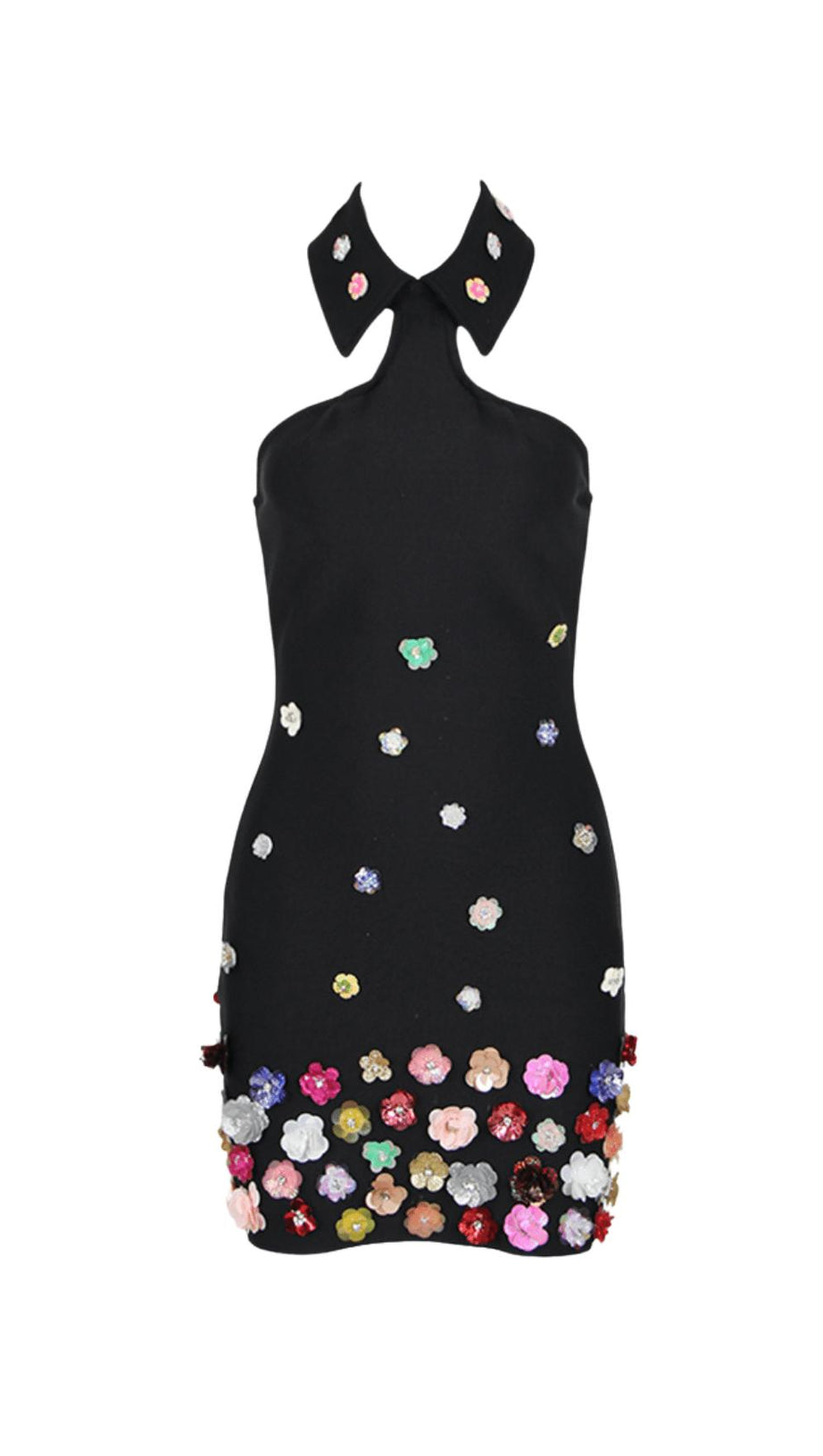 MINIKLEID MIT NECKHOLDER-VERZIERUNG UND BLUMEN