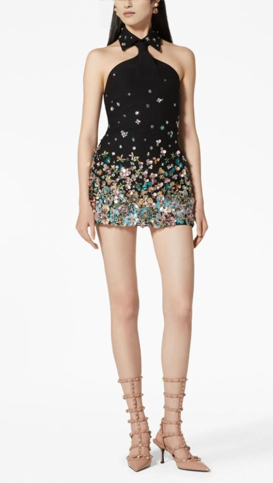 MINIKLEID MIT NECKHOLDER-VERZIERUNG UND BLUMEN