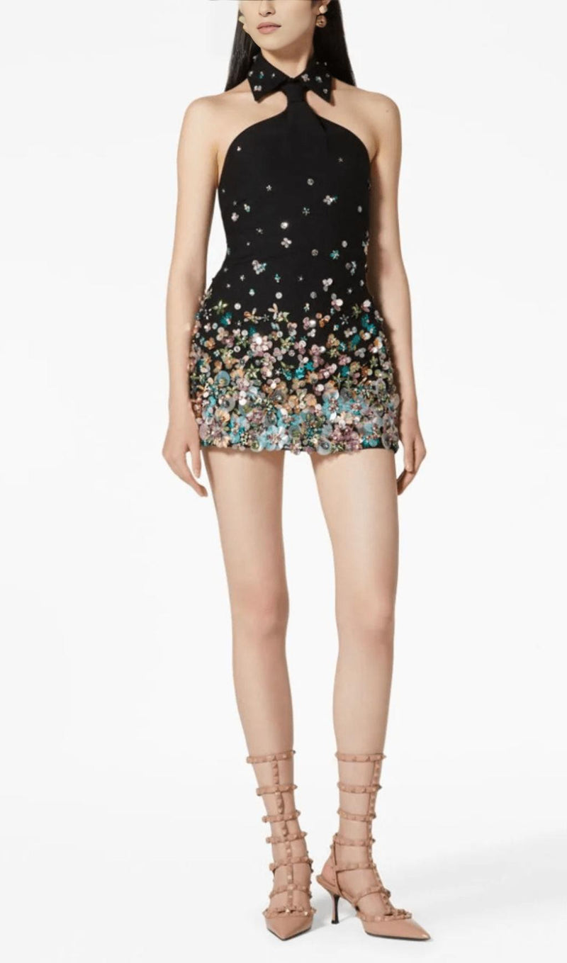 HALTER EMBELLISHED FLOWERS MINI DRESS