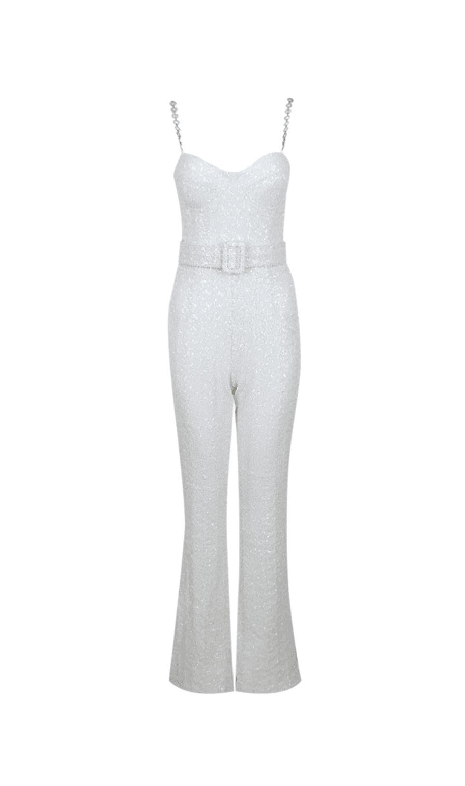 TUTA SVASATA CON CINTURINO E CINTURA IN JACQUARD CON SPALLINE DIAMANTE