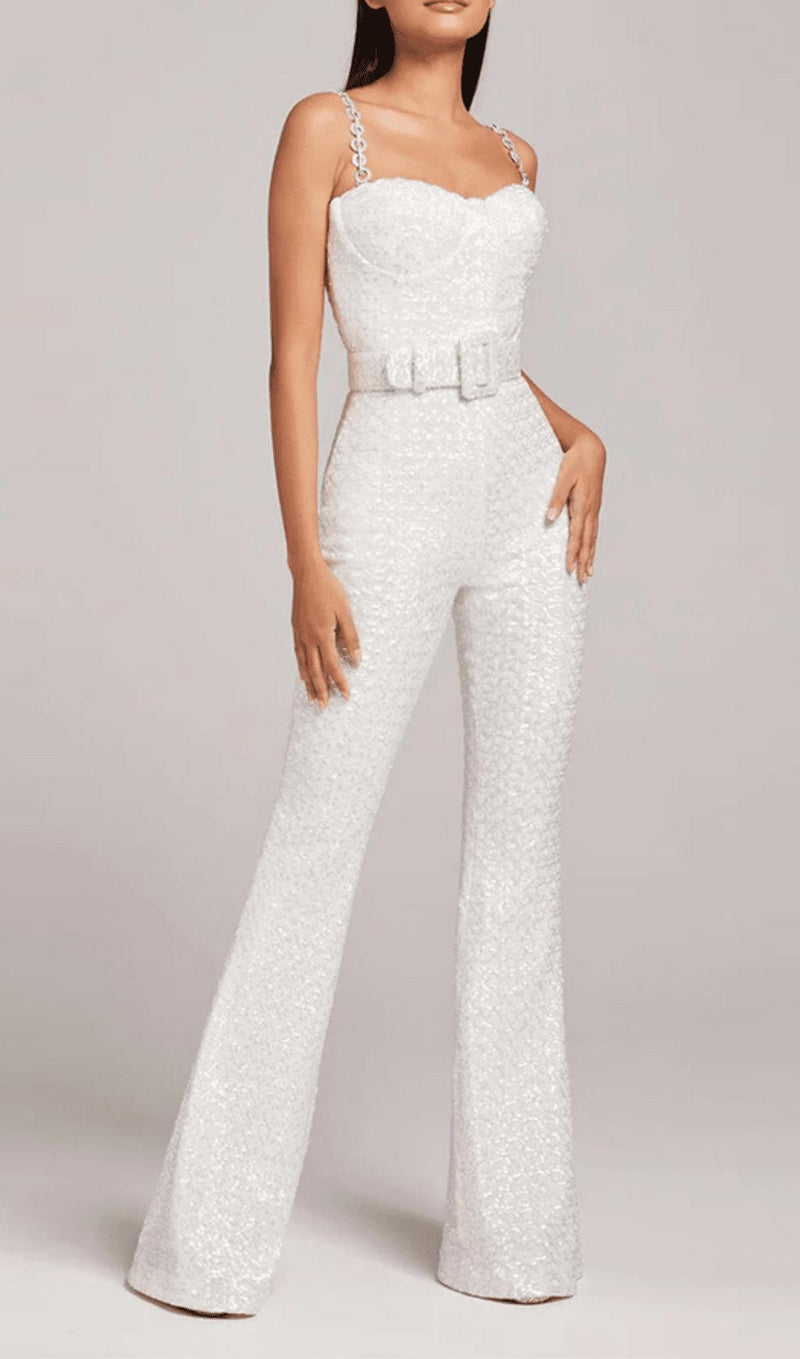 JACQUARD DIAMANTE STRAP FLARED JUMPSUIT WITH BELT