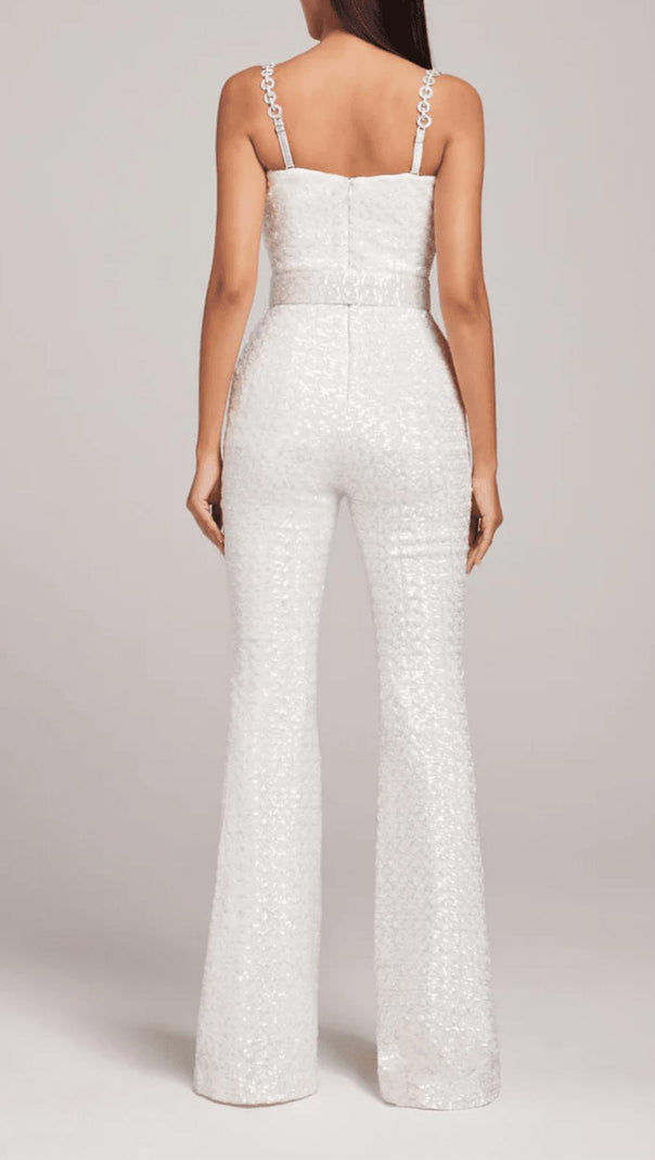 AIIZIE JACQUARD DIAMANTE STRAP FLARED JUMPSUIT WITH BELT - product image