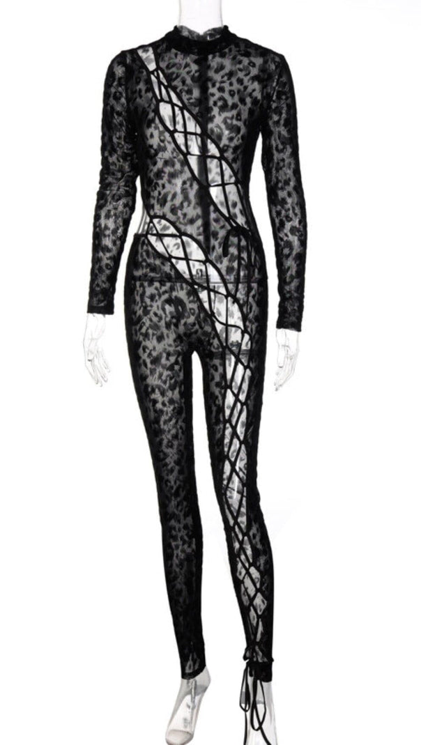 AIIZIE LACE UP LEOPARD PRINTED MESH JUMPSUIT - product image